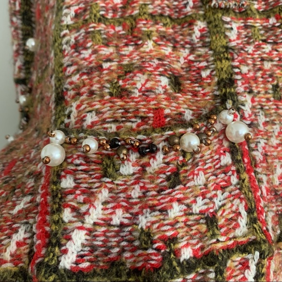 Plaid Knitted Tweed like Sweater with Pearl Beading - Picture 7 of 12